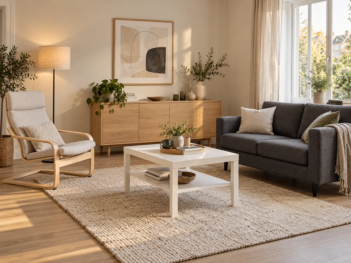 Salon lumineux : fauteuil en bois clair, table basse blanche et canapé gris.