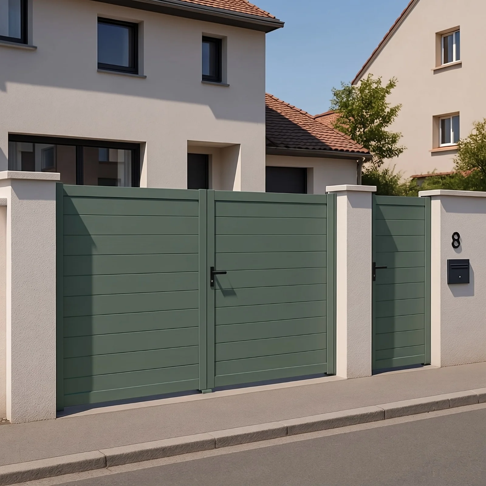 Projection du portail et du portillon en aluminium avec une finition vert sauge.