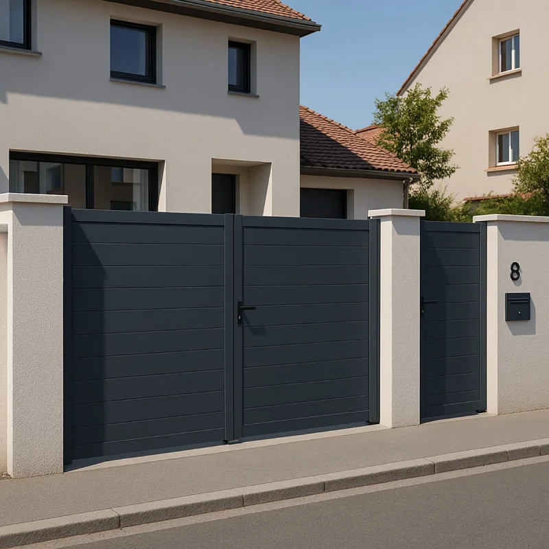 Portail et portillon en aluminium anthracite devant une maison claire.