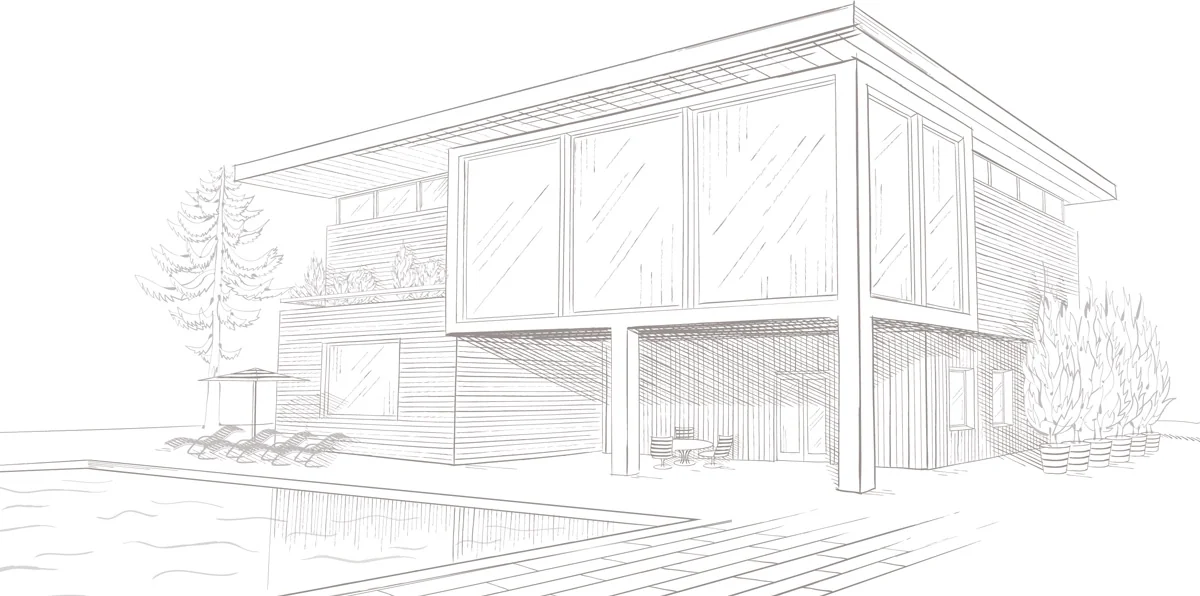 Croquis en perspective d’une maison contemporaine avec terrasse et piscine.