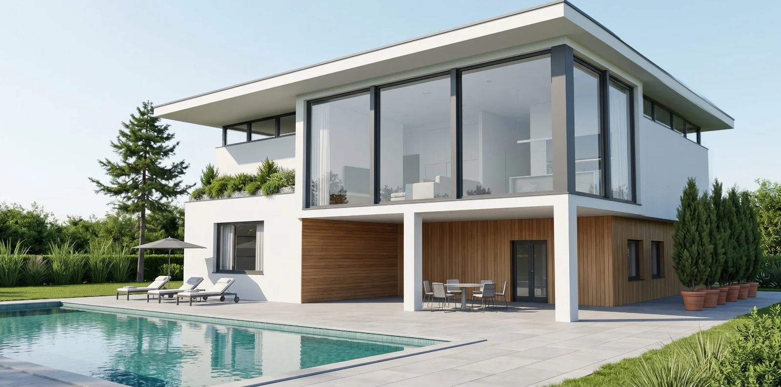 Visualisation réaliste de la maison du croquis, avec bardage bois, baies vitrées et piscine.