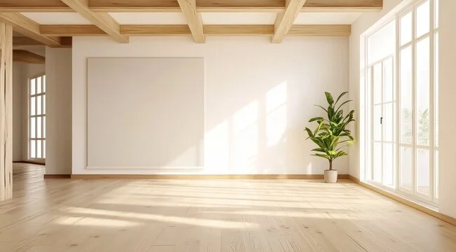 Pièce vide avec parquet clair, poutres apparentes et grandes fenêtres.