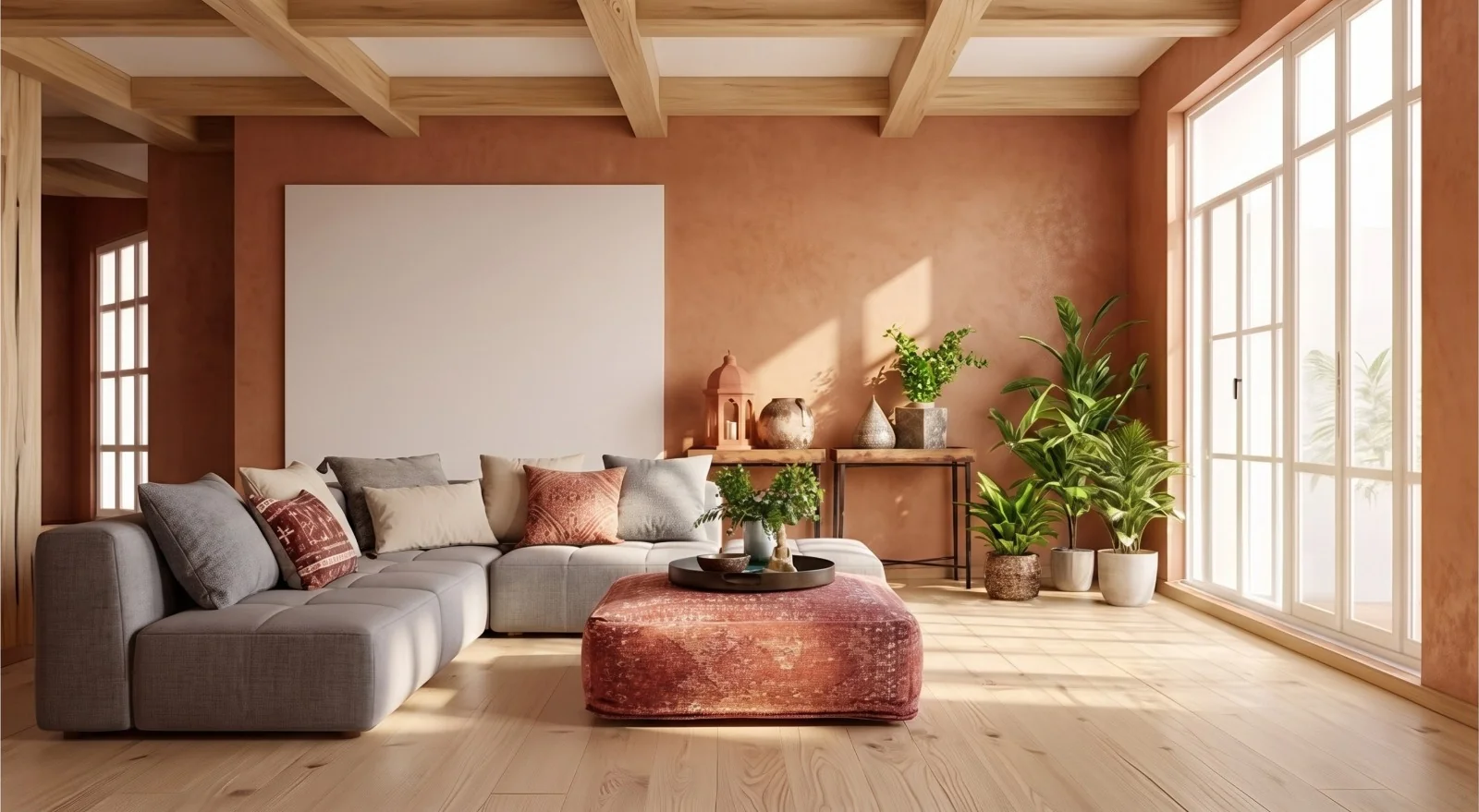 La pièce aménagée avec un canapé gris, un pouf rouge et des murs terre cuite.