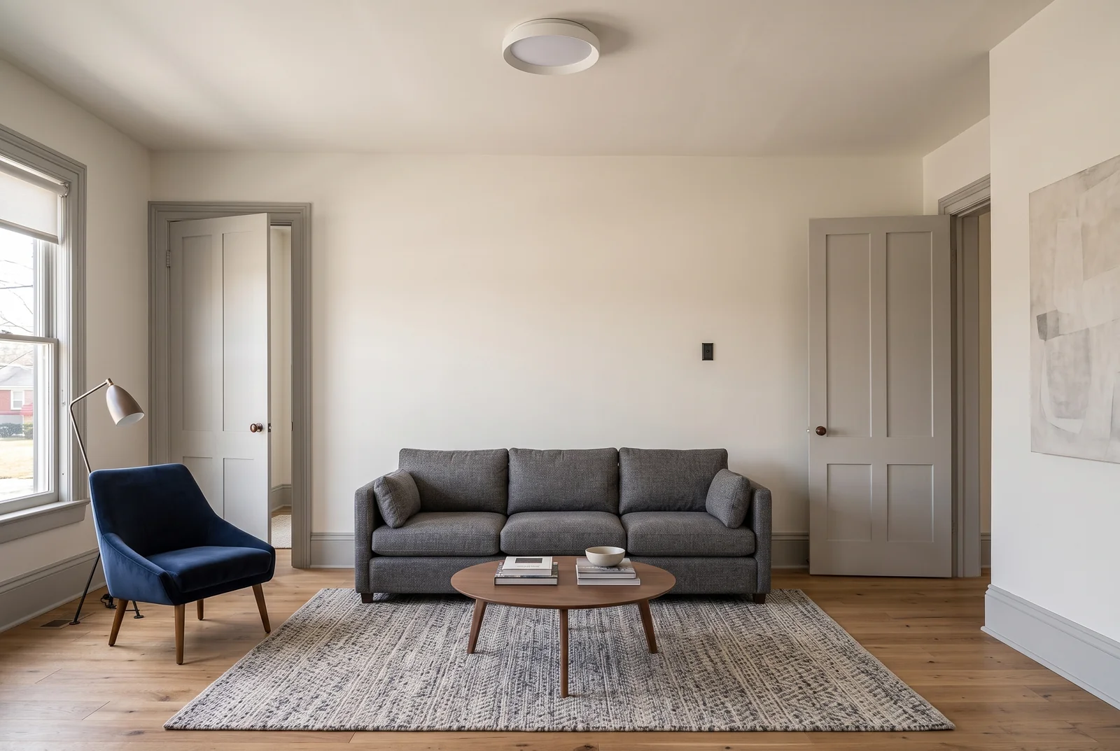 Projection de la même pièce rénovée, avec parquet, canapé gris et fauteuil bleu.