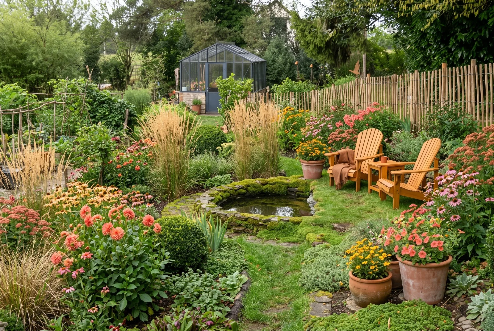 Projection du jardin fleuri avec son bassin, sa serre et deux fauteuils en bois.
